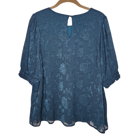 Beacon Apparel Jacquered A-Line Short Puff Sleeve Top Size L Teal Blue/G… - Picture 2 of 11